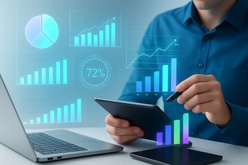 Man analyzing financial data and charts on a digital tablet with holographic projections of graphs