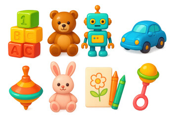 Colorful toy icons illustration: playful design for kids' posters in a simple and vibrant style