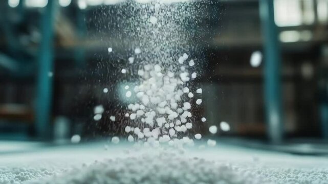 Urea fertilizer granules falling on pile in agricultural chemical production facility