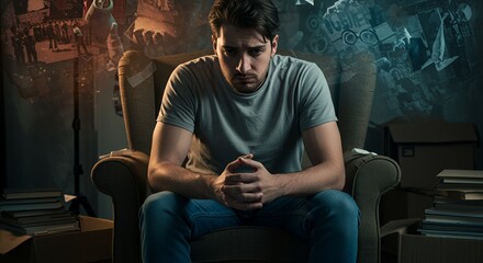 A young man sits pensively in a chair, surrounded by the ghosts of past memories and belongings, lost in thought amidst a moving process.