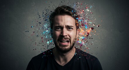 Man's face explodes with vibrant colors, symbolizing emotional turmoil and mental breakdown.