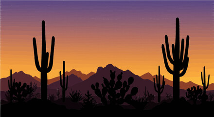 Silhouette of desert landscape with saguaro cacti and mountains at sunset creating a serene vista
