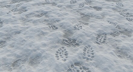 Snowcovered ground marked by numerous textured footprints