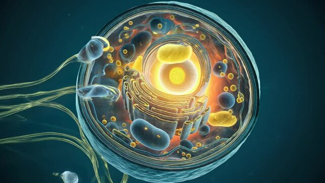 Animated Cell Illustration Showing Mitochondria and Organelles in a Dynamic Spiral Motion
