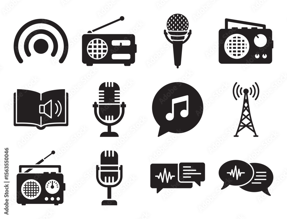 Poster podcast and audio broadcasting solid glyph icon set for microphone and radio showing various designs