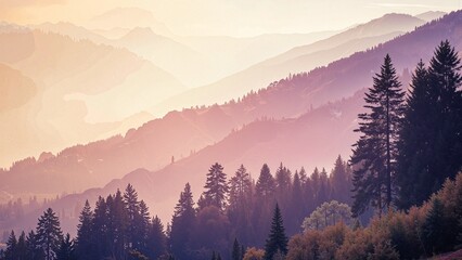 Beautiful mountain landscape with layers of rolling hills and forest silhouettes in a hazy purple and orange light at sunrise.
