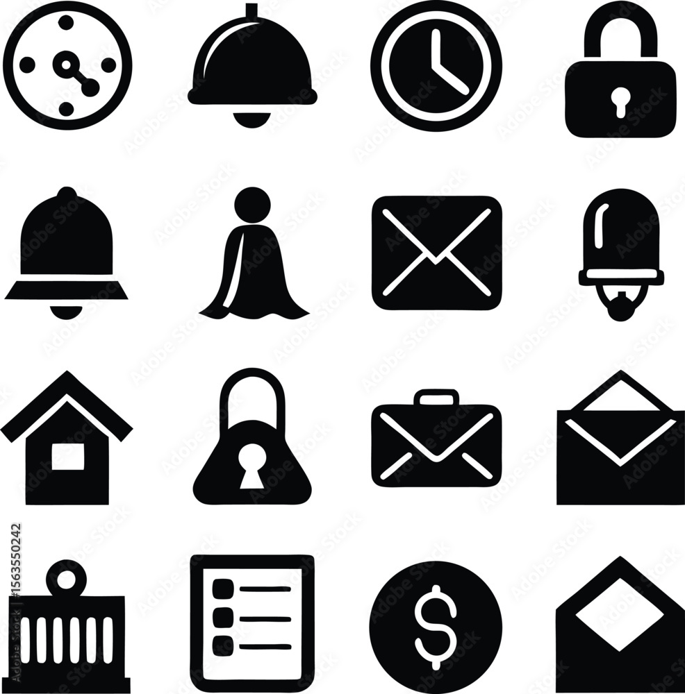Poster a collection of black and white icons representing common digital and real world objects and actions