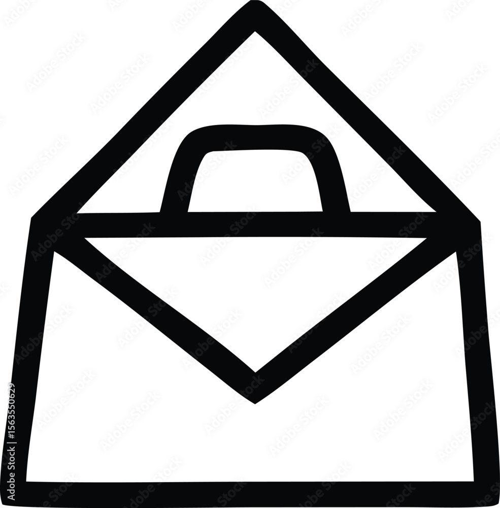 Poster simple black outline of an open envelope with a curved tab isolated on a white background