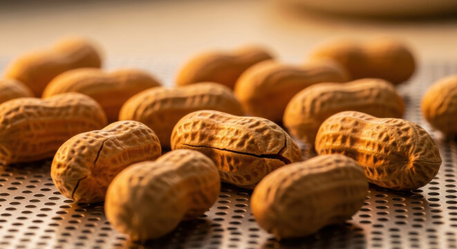 Whole unshelled peanuts arranged on perforated metal tray in warm lighting, highlighting natural textured shells and organic snack food appeal