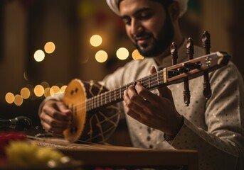 A bearded man plays a stringed instrument with a turban on his head