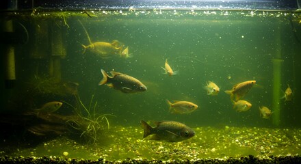 Tropical fish swim in a murky, algae-covered aquarium, their vibrant colors contrasting with the green water.
