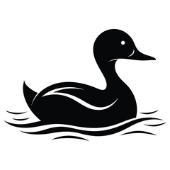 Elegant Black Duck Silhouette Swimming on Water with Simple Wave Design Illustration