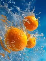 Oranges Splashing in Water Against a Blue Background