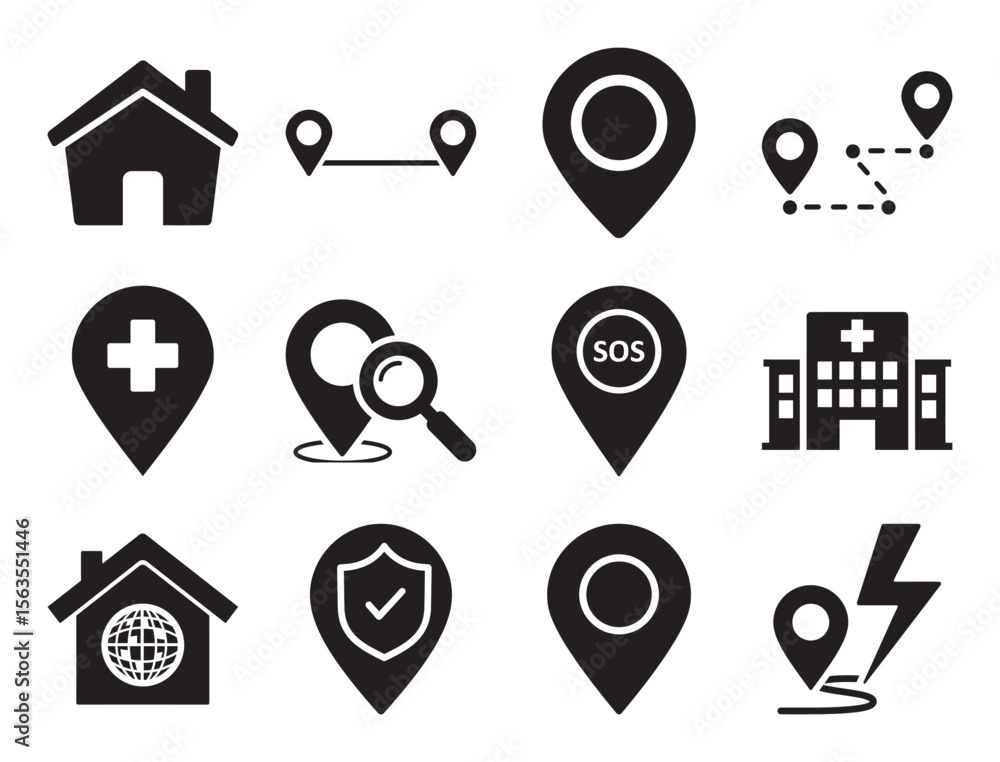 Aufkleber location and navigation solid glyph icon set for map pins and gps tracking showing pointer destinati