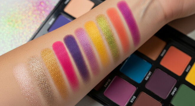 Vibrant and shimmery eyeshadow swatches from a colorful makeup palette on an arm. Creative cosmetic testing. For festival makeup looks and beauty product reviews