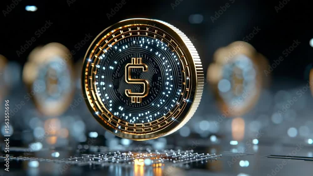 Poster digital currency symbol in a three-dimensional holographic style, floating in a futuristic setting w