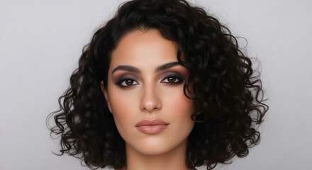 Naklejka premium Woman with beautiful curly hair and dramatic smokey eye makeup. Professional hair styling and evening makeup services. For beauty salon and fashion advertising