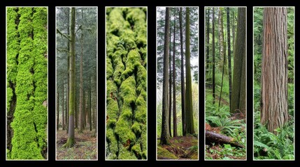 Lush green forest with tall trees and vibrant moss-covered trunks