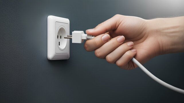 Time to unplug power connection lifestyle, hand disconnects electric plug from outlet