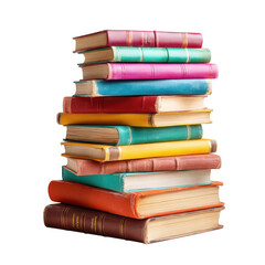 Stack of colorful antique books with gold detailing isolated on transparent background