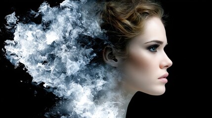 Woman with flowing hair and smoky effects creating a dynamic artistic composition