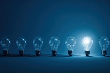Creative idea is shown by a glowing bulb among a row of dark bulbs on a solid blue background.