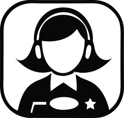 Stylized black and white icon of a person wearing headphones and a uniform with a badge and star
