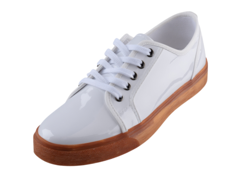 Stylish white patent leather sneakers with wooden sole, Isolated On Transparent Background, Png Cut Out