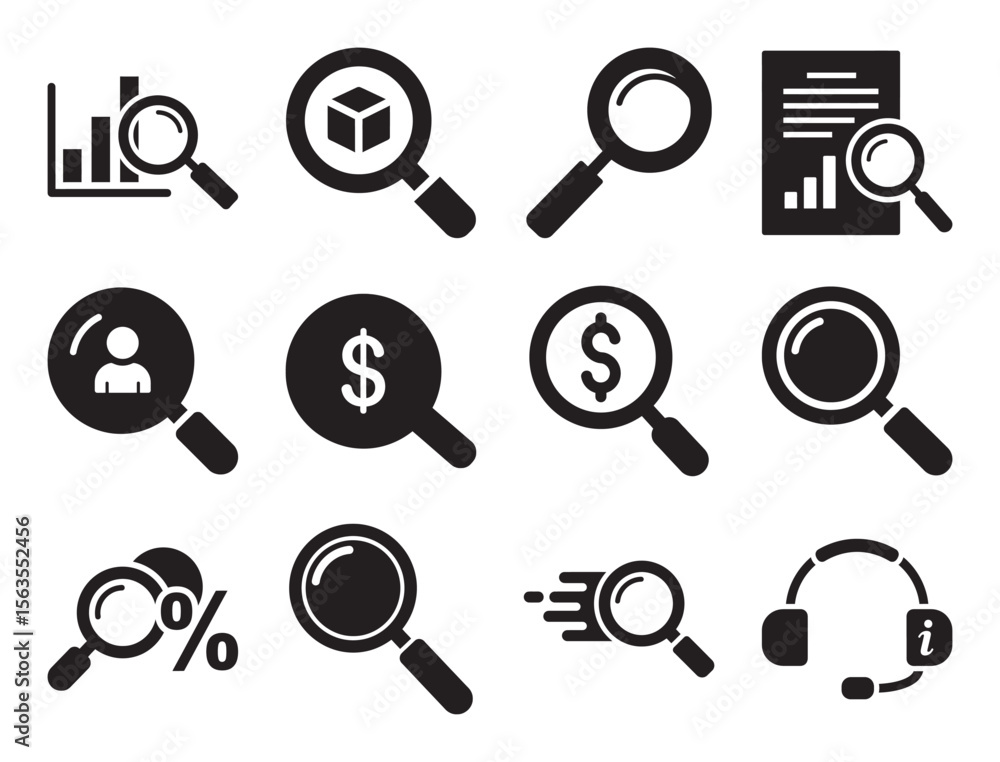 Poster magnifying glass and search solid icon set for find and analyze concepts showing various magnifier d