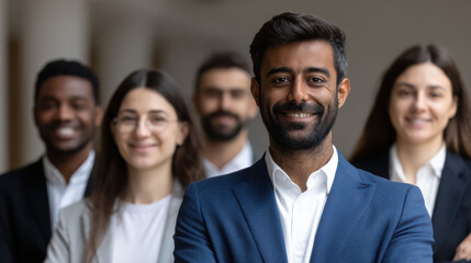 Standing at forefront in a modern office, confident professionals, led by young businesswoman, represent authority, charisma, and clarity of effective leadership.