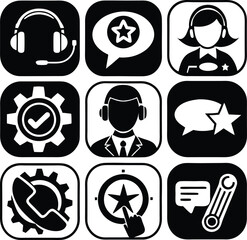 Collection of black and white icons representing customer service communication and technical support with stars and gears