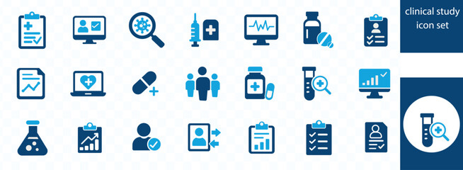 Clinical Study icon set. Clinical trial, laboratory, researcher, consent form, medication, experimental, clinical data and more