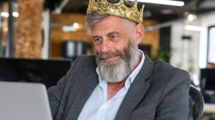 A senior man with gray hair and beard wearing a golden crown works on a laptop in an office setting