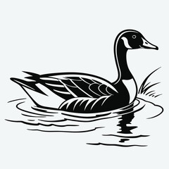Elegant Canada Goose Swimming in Water Black and White Vector Illustration