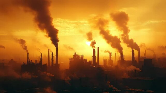 Industrial landscape with many factory chimneys emitting thick smoke into the orange sky at sunset, illustrating severe air pollution and environmental damage caused by heavy manufacturing industries