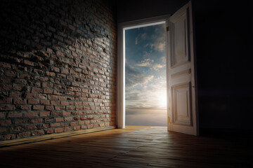 Open doorway to a vibrant sky offers hope and escape from a brick room, suggesting a new journey.