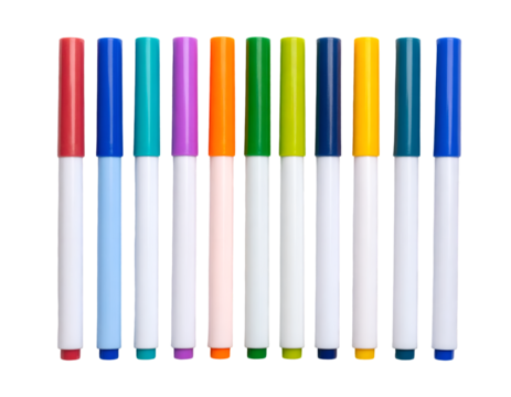 Colorful felt tip pens isolated on white background, top view. transparent png