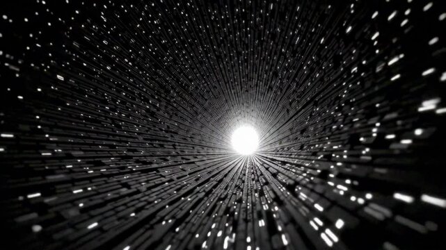 Abstract 3D Digital Tunnel of Binary Code Emerging from Darkness into Light, Representing Technology and Connectivity Concepts