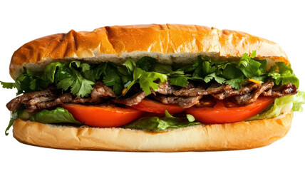 Delicious sandwich filled with juicy beef, fresh veggies, and herbs ready to be enjoyed at a bustling street market on transparent background