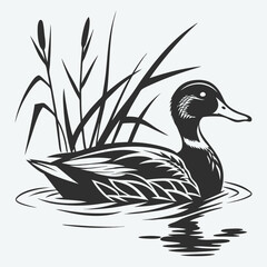 Monochrome Illustration of a Mallard Duck Swimming in Water with Cattails in Background
