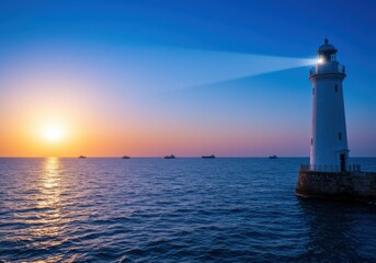 A lighthouse shines brightly at sunset on the tranquil sea