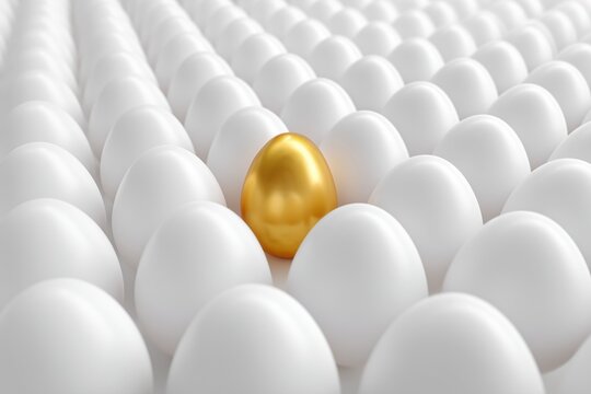 Golden egg stands out among white eggs, representing leadership, unique value, success, and opportunity.