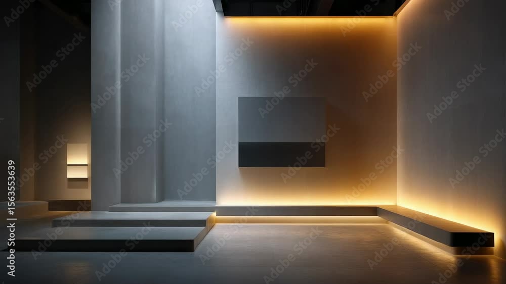 Poster modern art gallery with minimalist design featuring ambient lighting and geometric shapes in a conte