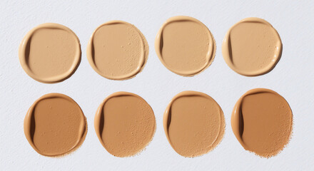 Foundation samples in different shades and textures on a white background. Cosmetic product range and testing. For makeup catalog and beauty advertising