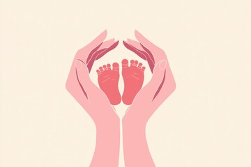 Gentle hands carefully protect adorable little baby feet with pastel pink colors on a light background