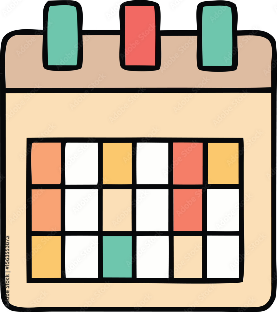 Poster a simple colorful cartoon illustration of a wall calendar with a grid of dates and three tabs at the