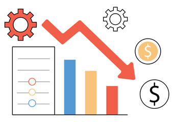 Downward Trend Chart Showing Reduction in Costs With Gear and Checklist Icons, Featuring a Flat Minimal Style for Business and Finance Visualization