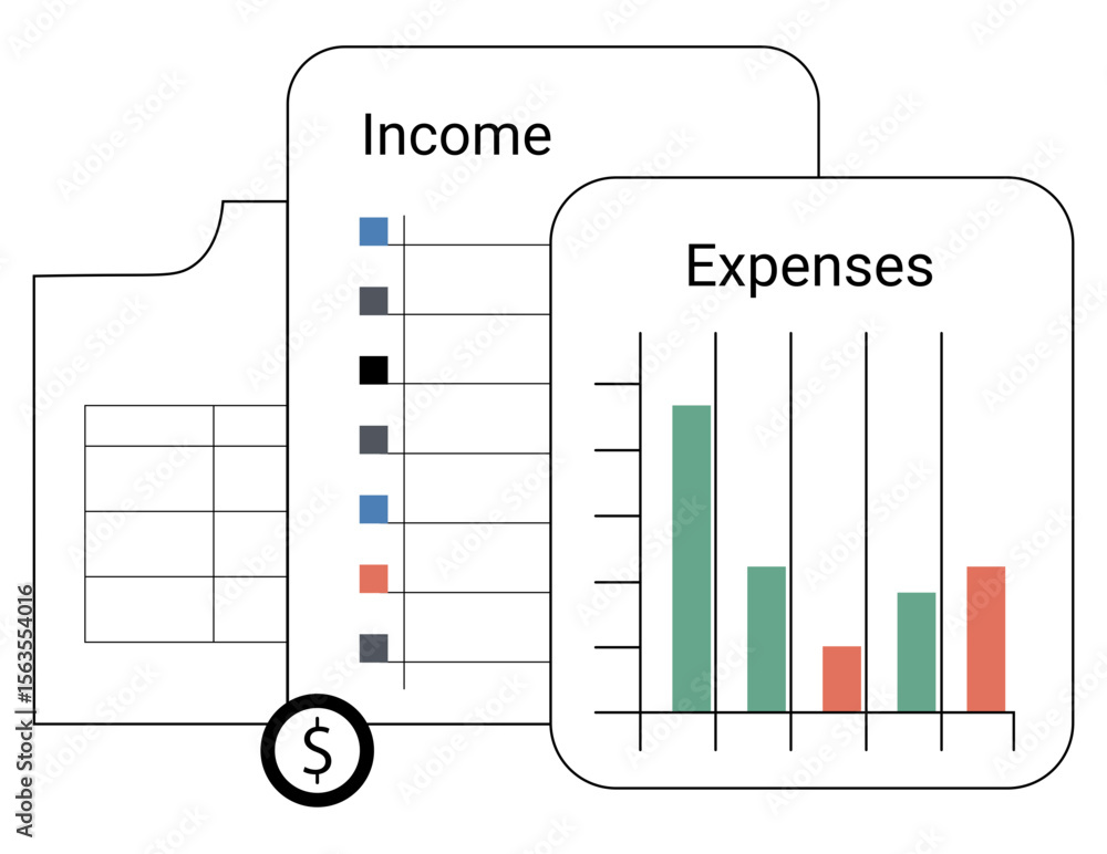 Poster flat bar chart comparing income vs expenses with color-coded bars, featuring a clean and minimal fin