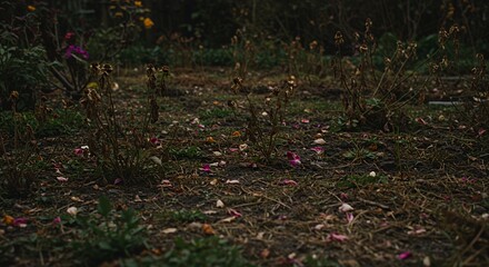 Withered blooms and scattered petals mark the end of summer in a neglected garden, a poignant scene of autumn's quiet arrival.
