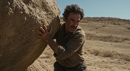 Fototapeta premium A weathered man struggles against the weight of a massive boulder in a desolate, sun-baked landscape.